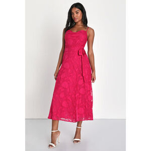 Lulus Dreamy Event Magenta Burnout Floral Faux Wrap Midi Dress Pink - Size S